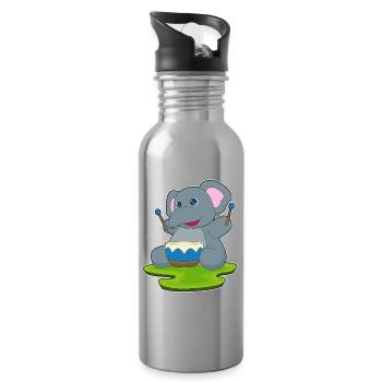 Elephant Musician Drum Music - Water bottle with straw - silver - Right