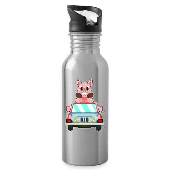 Pig Car - Water bottle with straw - silver - Right