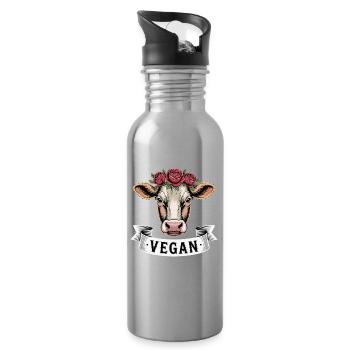 VEGAN Cow with Flower Wreath Animal Love Animal Welfare - Water bottle with straw - silver - Right