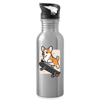 Skateboard Corgi T-Shirt – Dog on Skateboard - Water bottle with straw - silver - Right