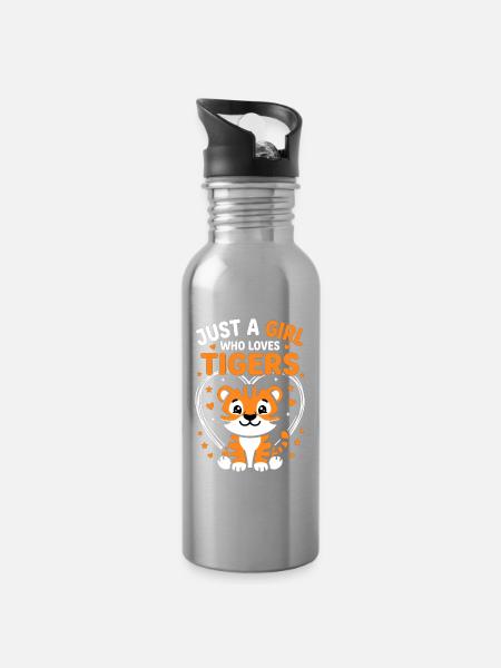 Süßes Tiger Design mit Herzen und Sternen - Trinkflasche mit integriertem Trinkhalm - Lightsilver