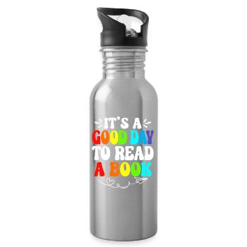 Rainbow Reading Day Quote Tee - Water bottle with straw - silver - Right