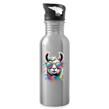 Colorful Llama Watercolor Splash - Water bottle with straw - silver - Right