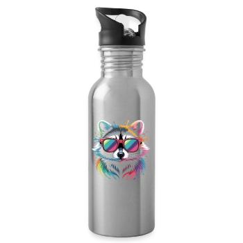 Colorful Raccoon Watercolor Splash - Water bottle with straw - silver - Right