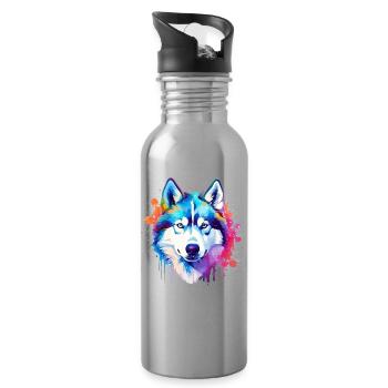 Colorful Husky Dog Splash Art - Water bottle with straw - silver - Right