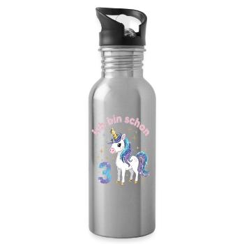 3. Geburtstag Einhorn Mädchen Ich bin schon 3 - Trinkflasche mit integriertem Trinkhalm - Lightsilver - Rechts