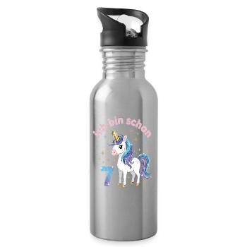 7. Geburtstag Einhorn Mädchen Ich bin schon 7 - Trinkflasche mit integriertem Trinkhalm - Lightsilver - Rechts