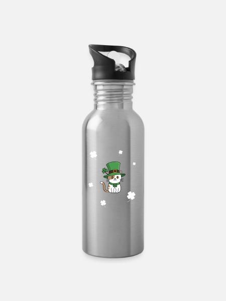 St Patrick's Day Cat - Water bottle with straw - silver