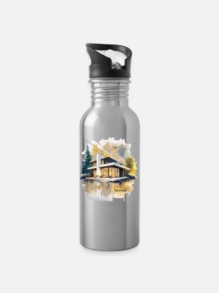Aquarell-Moderne Villa - Trinkflasche mit integriertem Trinkhalm - Lightsilver