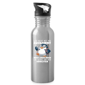 Wer nicht mit mir auskommt Pinguin Spruch - Trinkflasche mit integriertem Trinkhalm - Lightsilver - Rechts
