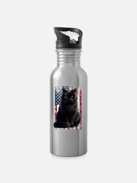 Grumpy Black Cat US Schwarze Katze - Trinkflasche mit integriertem Trinkhalm - Lightsilver