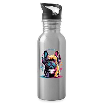 Frenchie Französische Bulldogge mit Kopfhörer - Trinkflasche mit integriertem Trinkhalm - Lightsilver - Rechts
