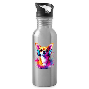 Chihuahua with headphones - Water bottle with straw - silver - Right