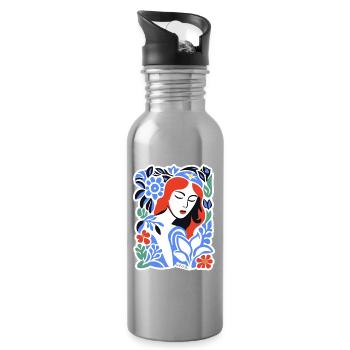 Blue Florals Portrait - Water bottle with straw - silver - Right