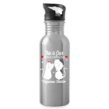 Valentine Cat Couple Pajama Shirts - Water bottle with straw - silver - Right