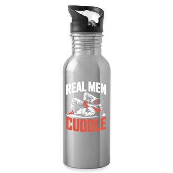 Real Men Cuddle Brazilian Jiu Jitsu MMA Judo BJJ - Water bottle with straw - silver - Right