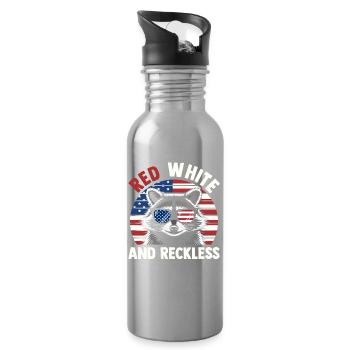 Patriotic Raccoon American Flag Trash Panda - Water bottle with straw - silver - Right