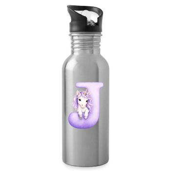 Letter D Purple Unicorn - Water bottle with straw - silver - Right