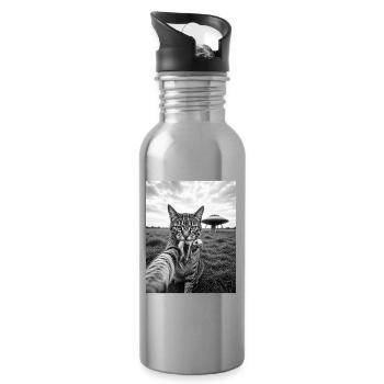 Funny Cat Selfie with Alien and UFO - Water bottle with straw - silver - Right