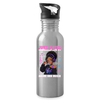 Anime and Music Chibi Black Girl - Water bottle with straw - silver - Right
