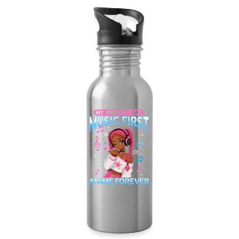 Anime and Music Chibi Black Girl - Water bottle with straw - silver - Right