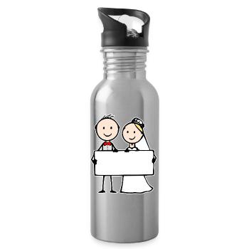 Wedding Couple Cartoon with Sign - Water bottle with straw - silver - Right