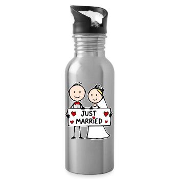 Wedding Couple Cartoon Just Married - Water bottle with straw - silver - Right