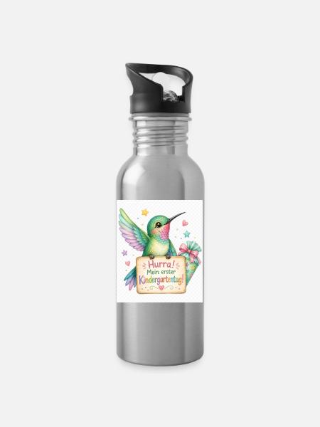 Hurra: Erster Kindergartenstart - Trinkflasche mit integriertem Trinkhalm - Lightsilver