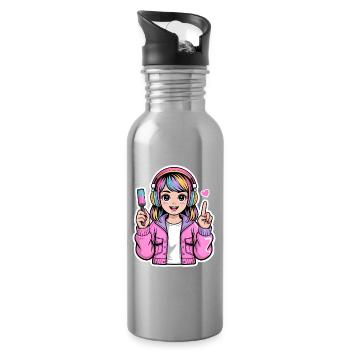 Kawaii girl with headphones - Water bottle with straw - silver - Right