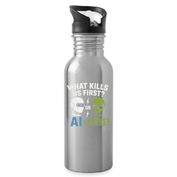 KI oder Aliens – Was erwischt uns zuerst? - Trinkflasche mit integriertem Trinkhalm - Lightsilver - Rechts