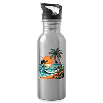 Sonnenuntergang Insel mit Palmen und Meer Strand - Trinkflasche mit integriertem Trinkhalm - Lightsilver - Rechts