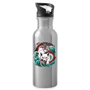 Japanese Kitsune Fox And Dragon In - Water bottle with straw - silver - Right