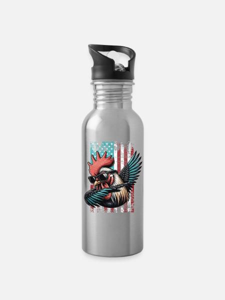Rooster US Hahn - Trinkflasche mit integriertem Trinkhalm - Lightsilver