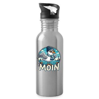Moin Küsten-Seemöwe mit Schal & Mütze - Trinkflasche mit integriertem Trinkhalm - Lightsilver - Rechts