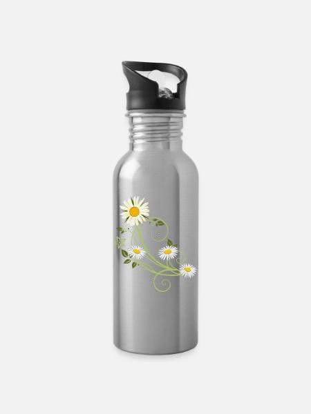 Ranke mit Margerite und Gänseblümchen - Trinkflasche mit integriertem Trinkhalm - Lightsilver