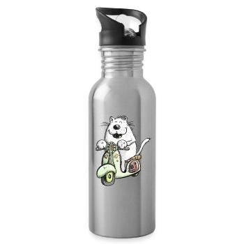 Cool Cat Rides Scooter Fun Design Cat Motive - Water bottle with straw - silver - Right
