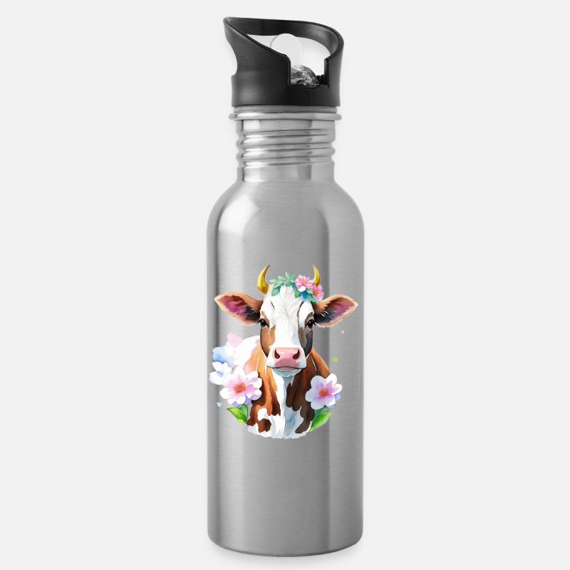 Kleine Kuh - Trinkflasche mit integriertem Trinkhalm - Lightsilver