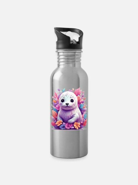 Süßer Seehund - Trinkflasche mit integriertem Trinkhalm - Lightsilver