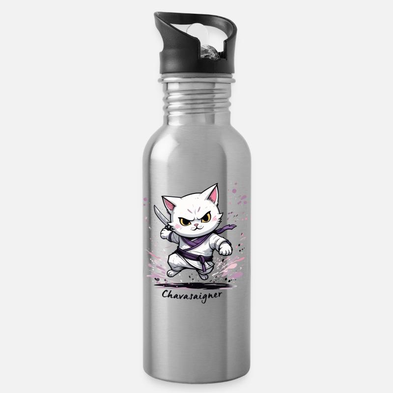 Chat maître de combat, ça va saigner ! humour - Gourde avec paille intégrée - argent clair