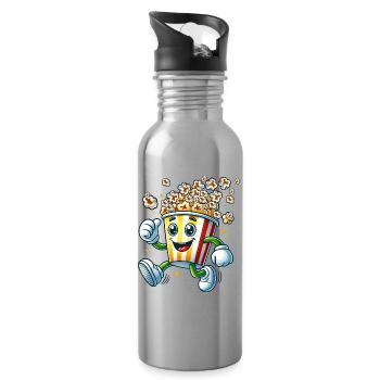 cheerful cartoon popcorn motif for fun in the cinema - Water bottle with straw - silver - Right