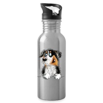 Funny Australian Shepherd Black Tri - Water bottle with straw - silver - Right