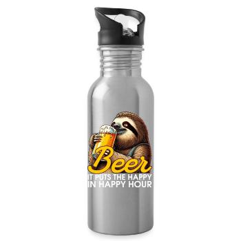 Happy Hour Bier Faultier Geschenk - Trinkflasche mit integriertem Trinkhalm - Lightsilver - Rechts