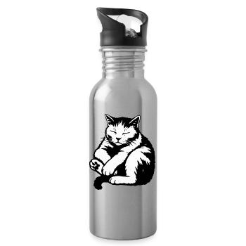 Sleeping Cat Silhouette - Water bottle with straw - silver - Right