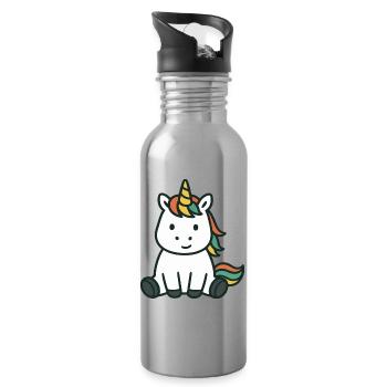 Cute Sitting Baby Unicorn with Colorful Mane Art - Water bottle with straw - silver - Right
