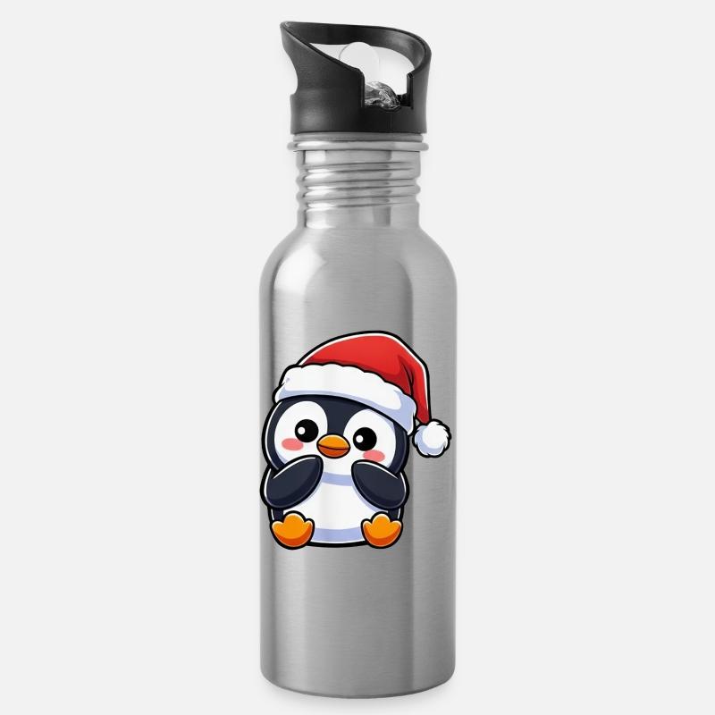 Süßer Weihnachts Pinguin Cartoon Kawaii Chibi - Trinkflasche mit integriertem Trinkhalm - Lightsilver