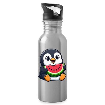 Funny Penguin with Melon Summer Fruit Cartoon - Water bottle with straw - silver - Right