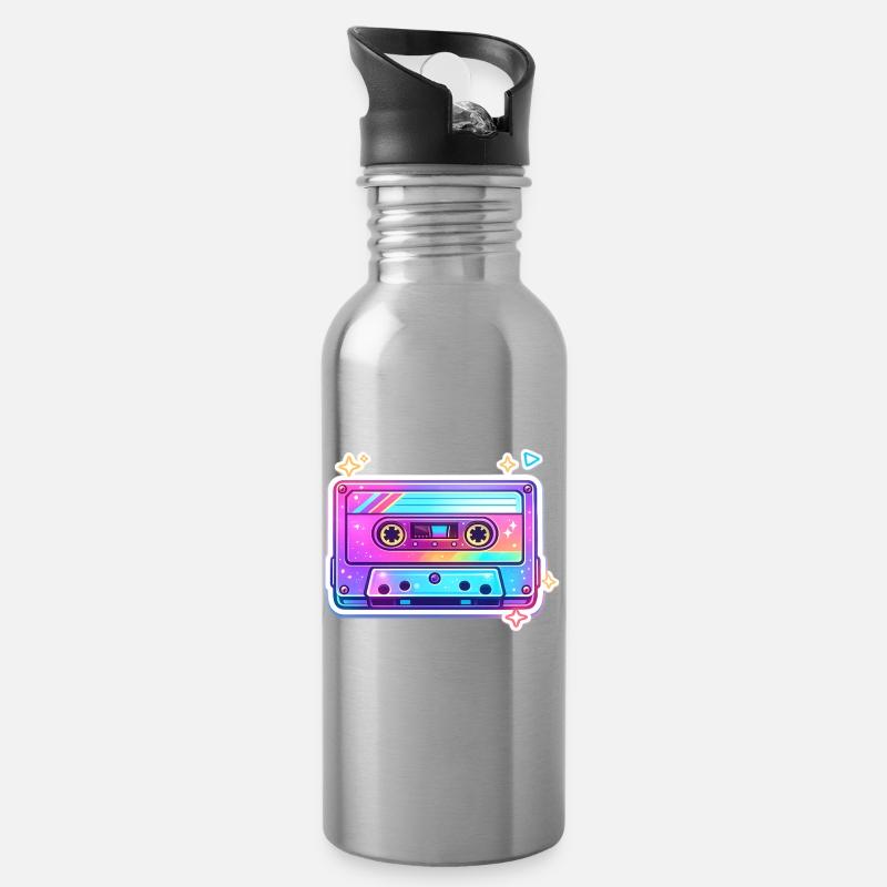 Neon Regenbogen Kassette Sticker - Trinkflasche mit integriertem Trinkhalm - Lightsilver