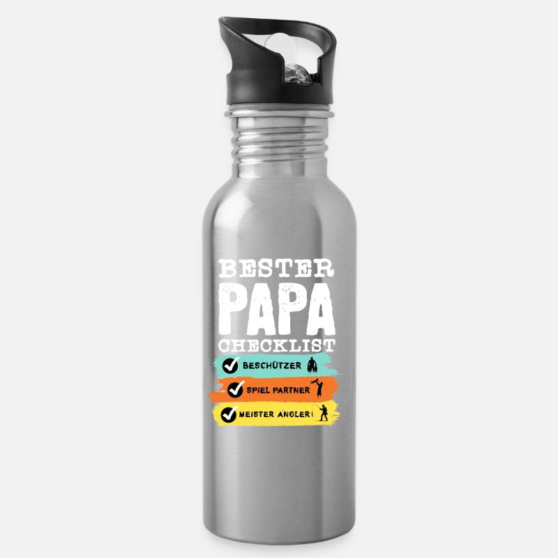 Angler Papa - Bester Papa Checklist - Trinkflasche mit integriertem Trinkhalm - Lightsilver