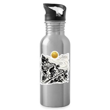 Radfahrer Bergpass Holzschnitt Goldsonne - Trinkflasche mit integriertem Trinkhalm - Lightsilver - Rechts