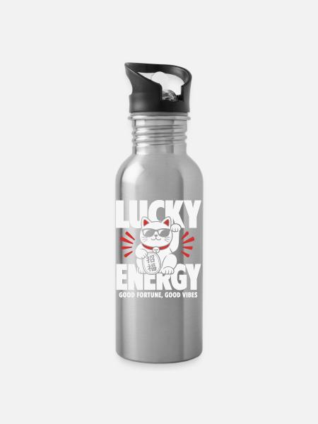 Lucky Energy Cool Cat - Trinkflasche mit integriertem Trinkhalm - Lightsilver
